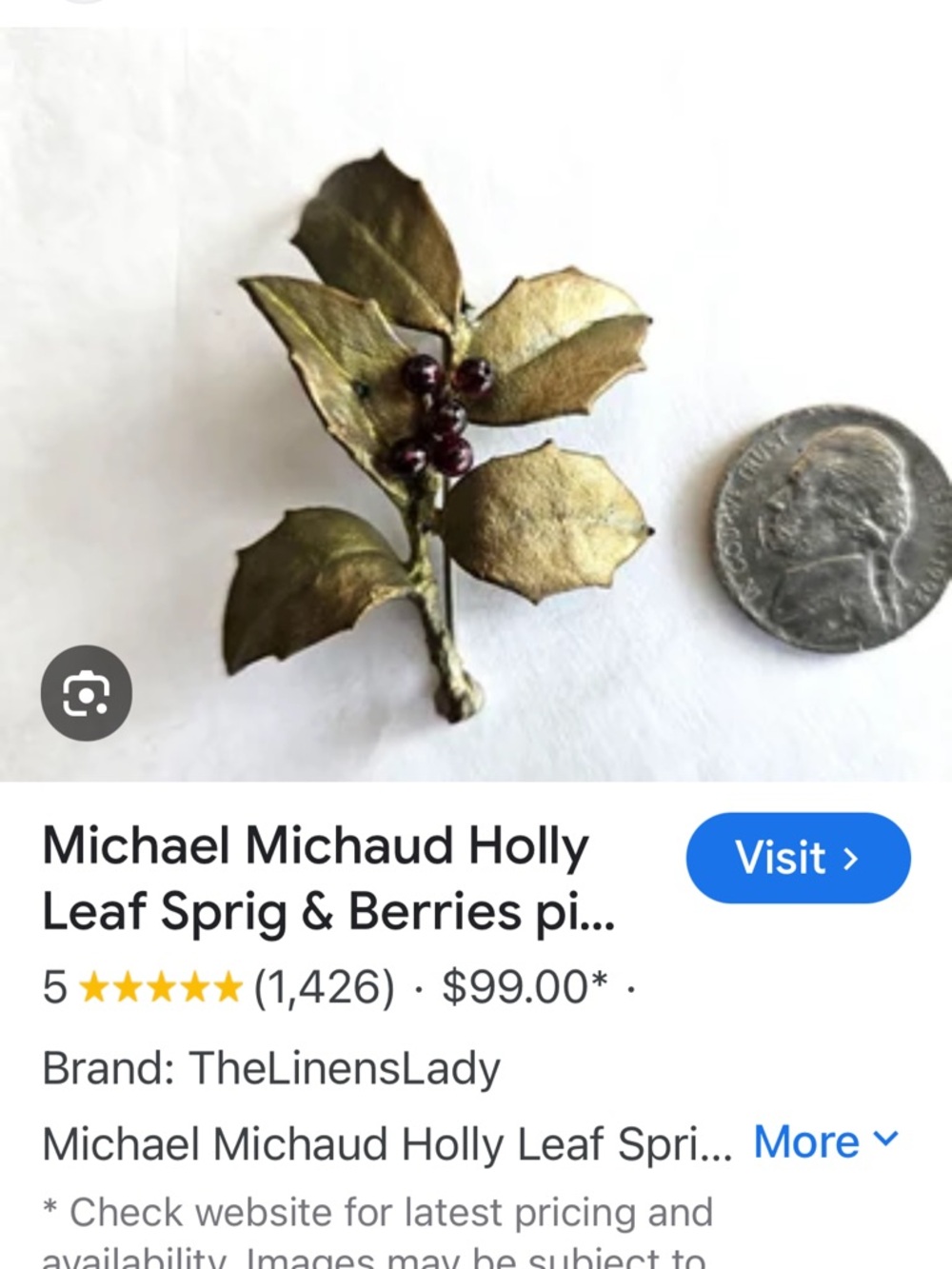 Michael Michaud Holly with Red Berries Pin/Brooch